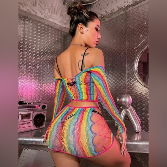 Sexy Bodycon Fish Net Teddy Rainbow 2 Piece Skirt and Top Set - Picture 4 of 6